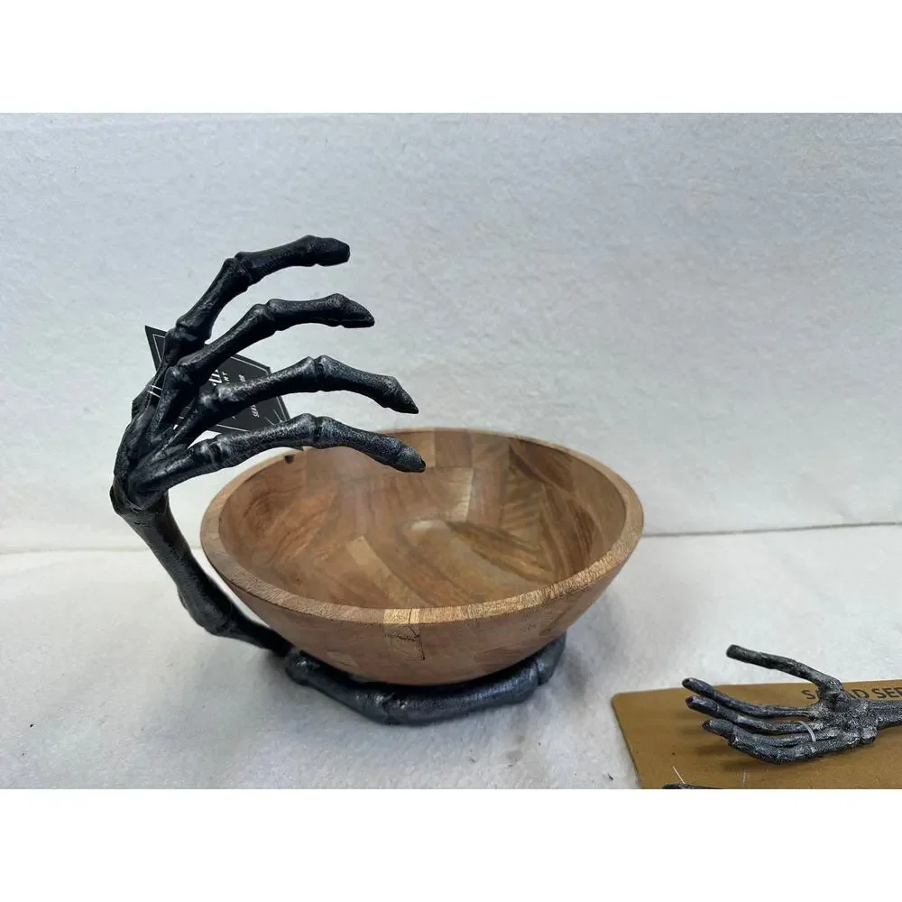 Martha Stewart Collection Halloween Skeleton Wood Bowl & Metal Skeleton Serve